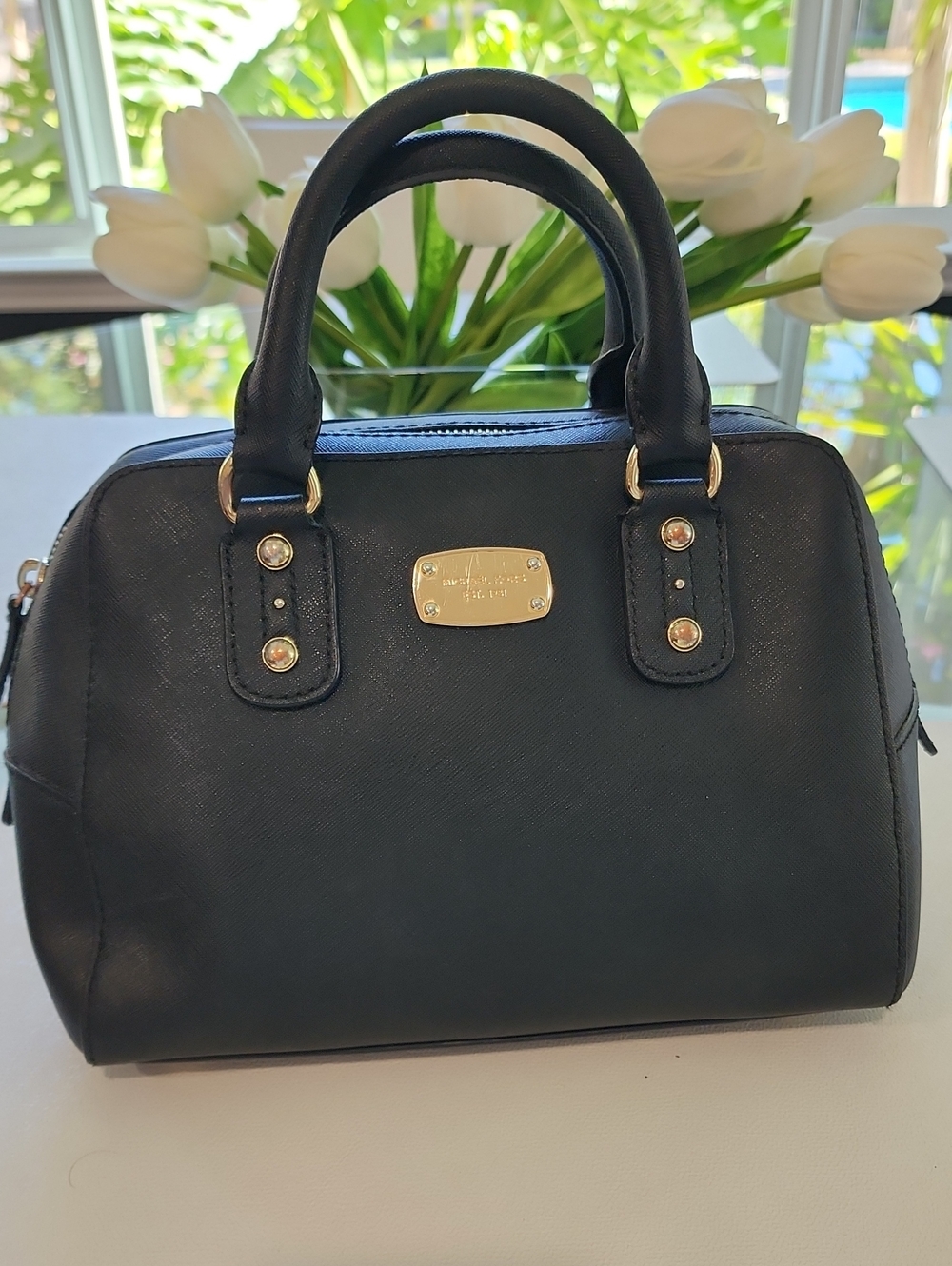 Michael Kors Black Saffiano Dome Satchel with Gold Hardware